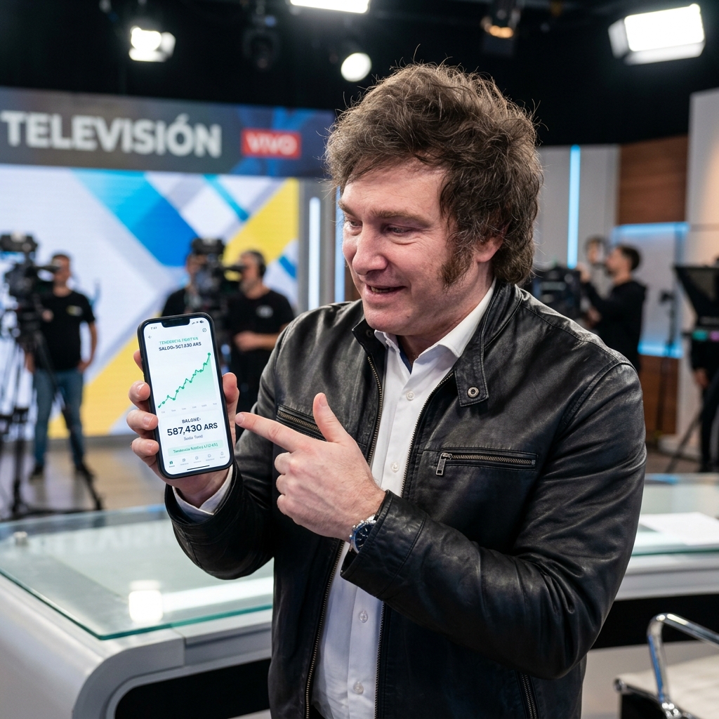 Javier Milei mostrando su celular en vivo